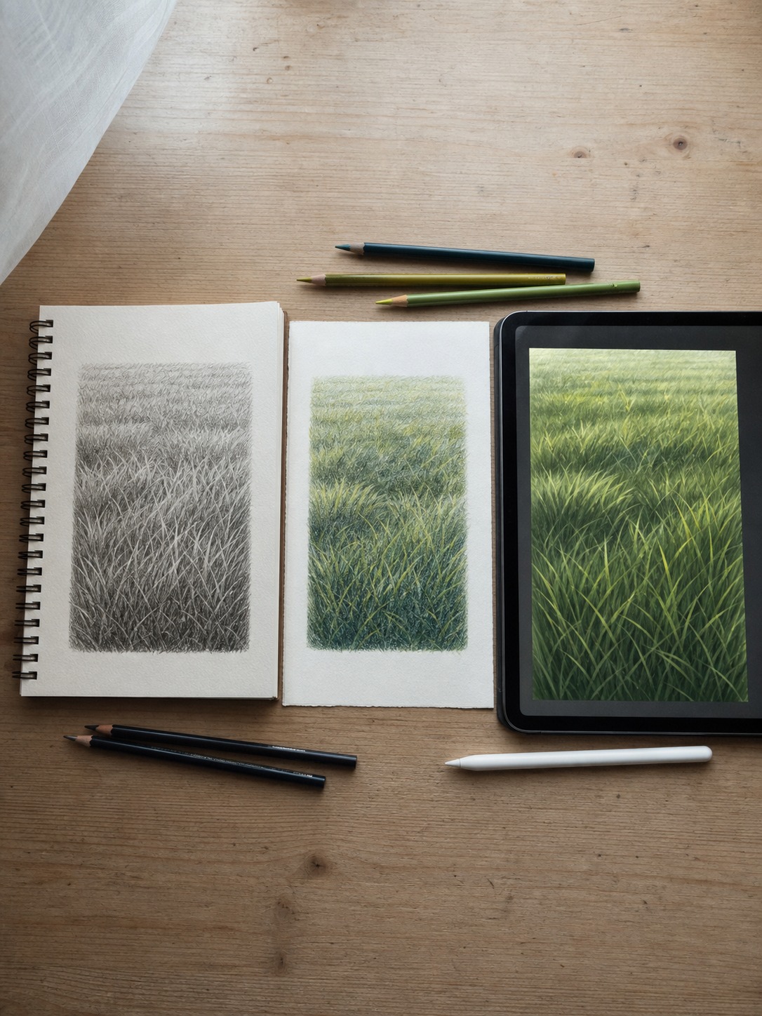 Grass drawing across pencil colored pencil and digital Three grass texture studies shown in graphite pencil, colored pencil, and digital brush form. | Sky Rye Design Three grass texture studies shown in graphite pencil, colored pencil, and digital brush form.