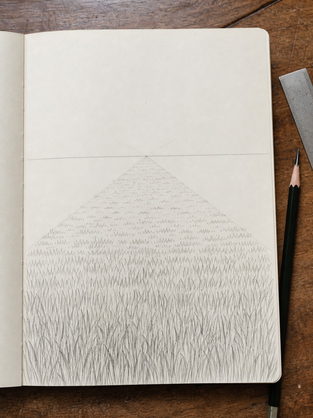 Grass ground-plane perspective diagram Perspective sketch showing grass strokes becoming shorter and flatter as the ground recedes. | Sky Rye Design Perspective sketch showing grass strokes becoming shorter and flatter as the ground recedes.