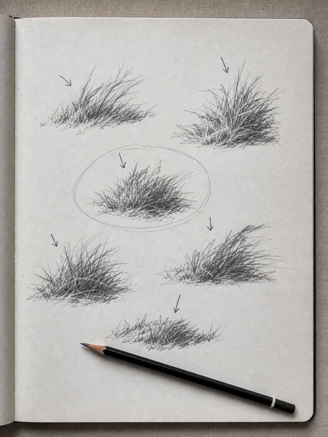 Grass mass and light direction studies Sketchbook page with loose grass-patch mass studies and different light-direction arrows. | Sky Rye Design Sketchbook page with loose grass-patch mass studies and different light-direction arrows.