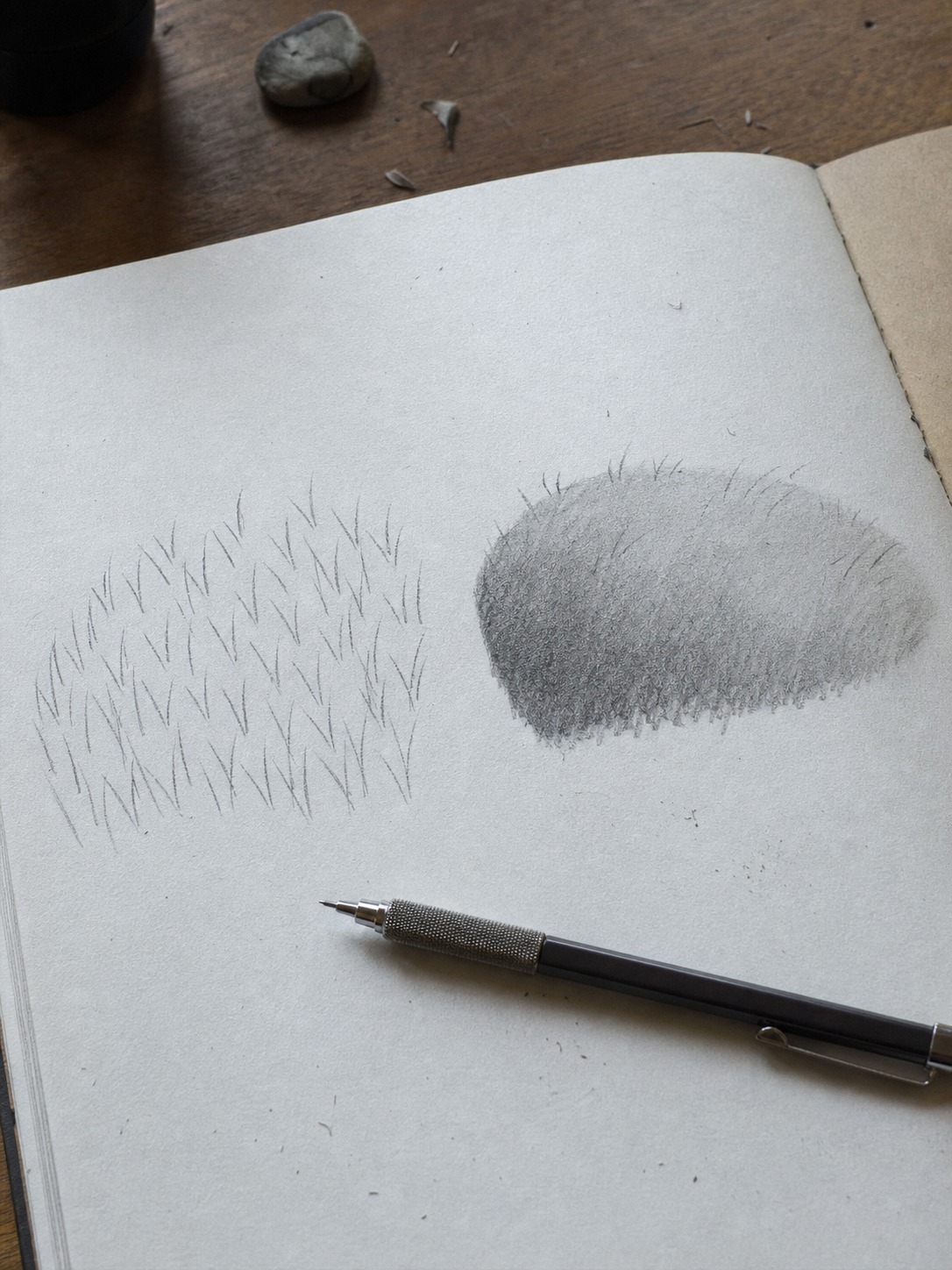 Grass spikes versus mass-first comparison Sketchbook comparison of uniform grass spikes beside a mass-first grass value study. | Sky Rye Design Sketchbook comparison of uniform grass spikes beside a mass-first grass value study.