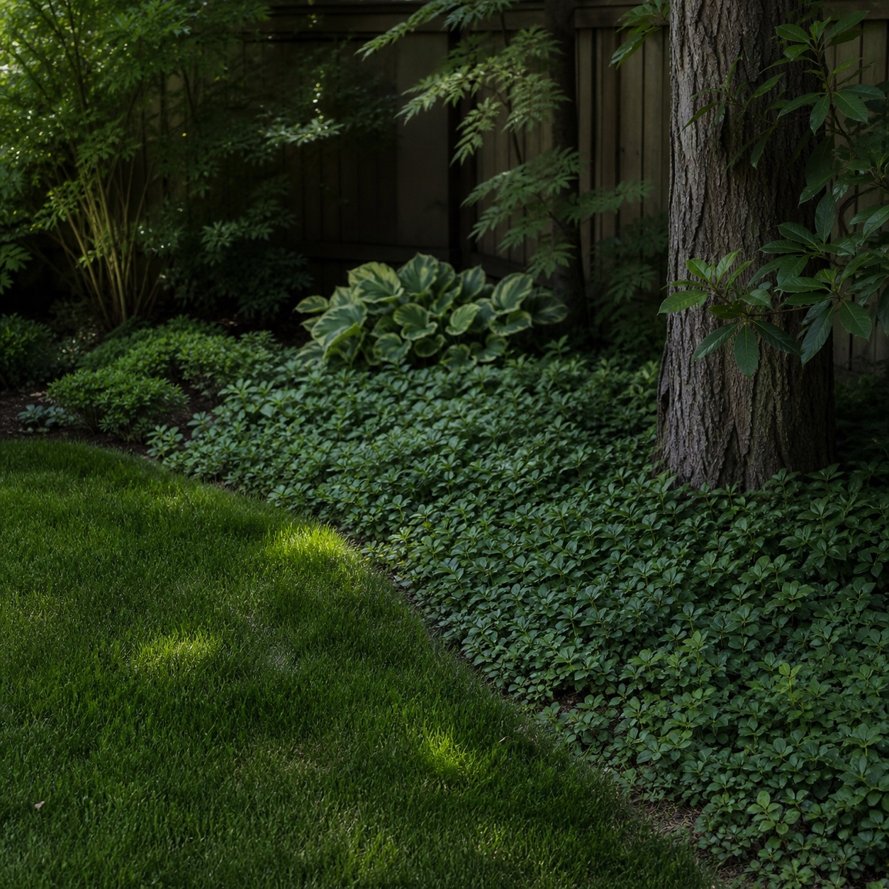 A shaded yard corner planted with ground cover beside a lawn edge.