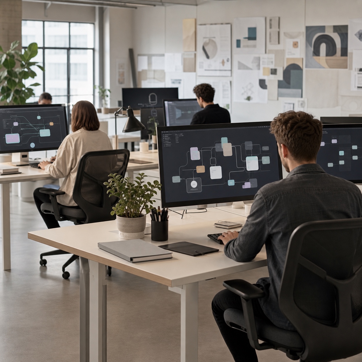 Growing design studio with workflow dashboards Wide view of a modern design studio with multiple desks and abstract workflow dashboards. | Sky Rye Design Wide view of a modern design studio with multiple desks and abstract workflow dashboards.