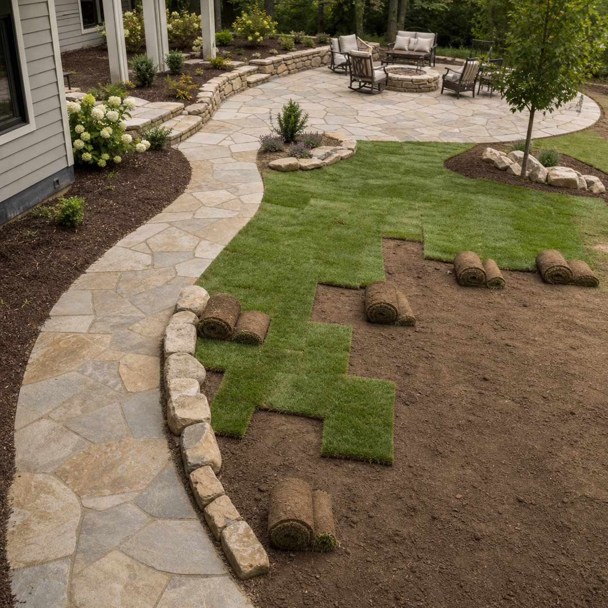 Stone paths and patio areas installed before fresh sod is laid around them.