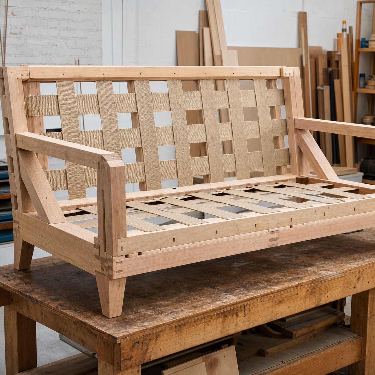 Hardwood sofa frame and webbing in an upholstery workshop Exposed hardwood sofa frame with webbing before upholstery | Sky Rye Design Exposed hardwood sofa frame with webbing before upholstery