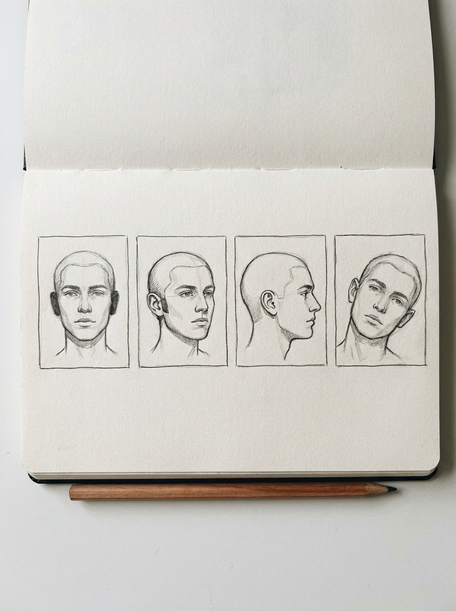 Head Angle Ear Comparison Panel Four head sketches showing how the ear changes in front view, three-quarter view, profile, and tilt. | Sky Rye Design Four head sketches showing how the ear changes in front view, three-quarter view, profile, and tilt.