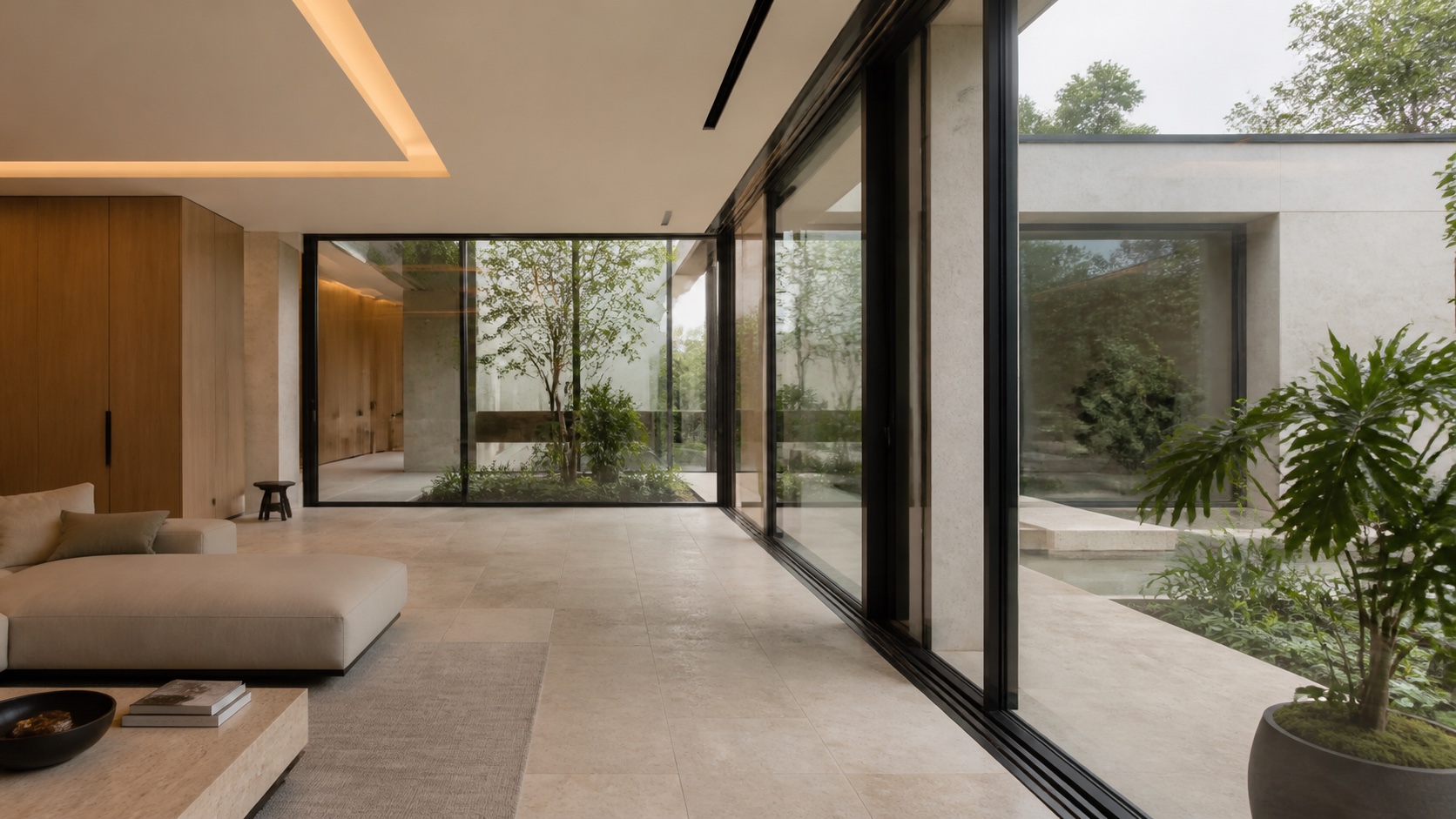 Ultra-modern healthy energy efficient home interior with courtyard glazing and natural stone finishes