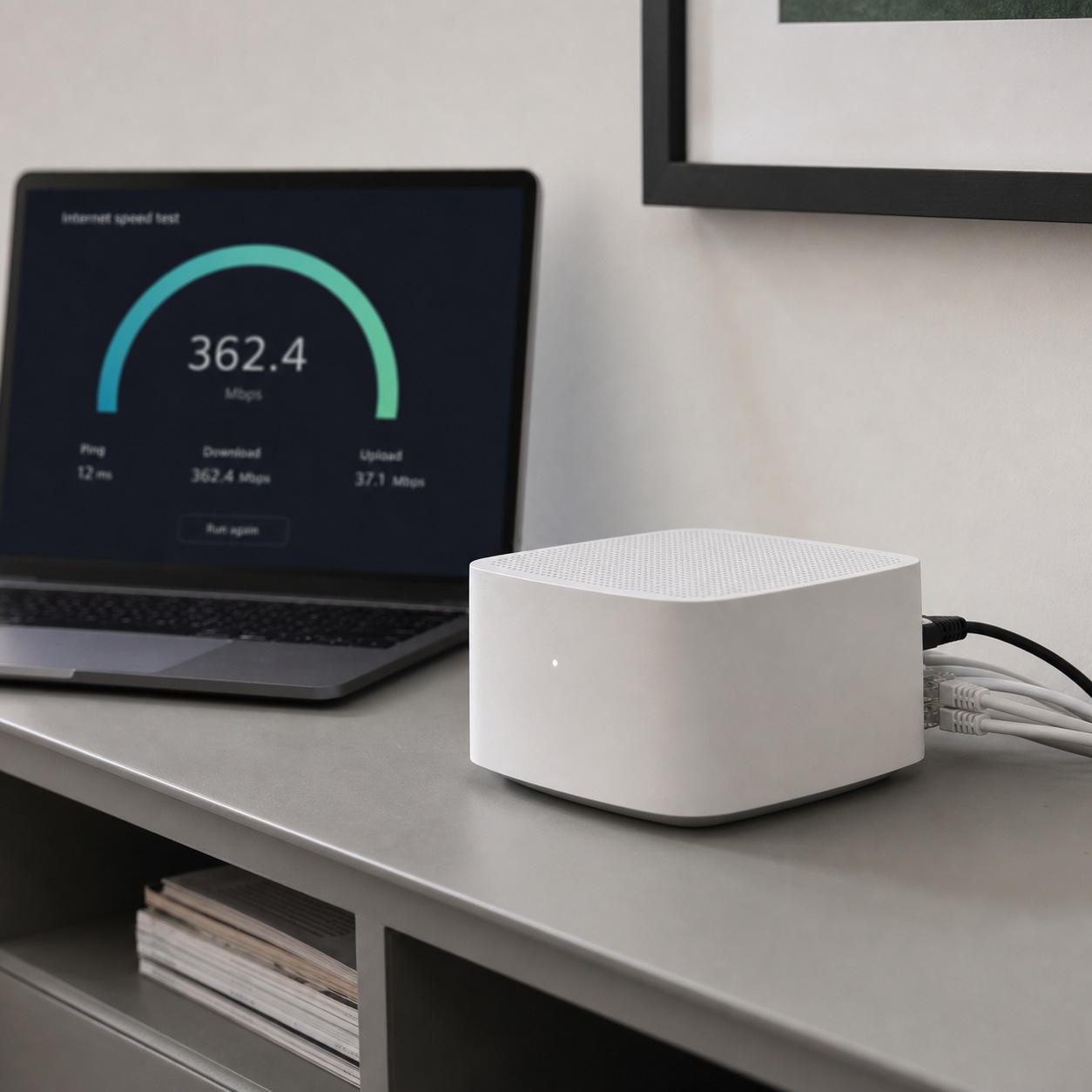 Remote IT support image prompt 7 Dezeen editorial Router and modem beside a laptop running a network speed test for remote creative work. | Sky Rye Design Router and modem beside a laptop running a network speed test for remote creative work.
