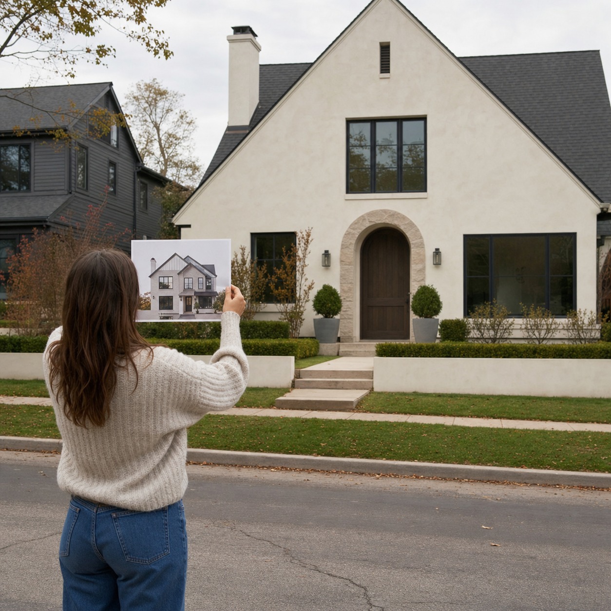 Homeowner reviewing front door proportions Person standing across the street with a printed elevation photo while comparing front door proportions on a house facade. | Sky Rye Design Person standing across the street with a printed elevation photo while comparing front door proportions on a house facade.