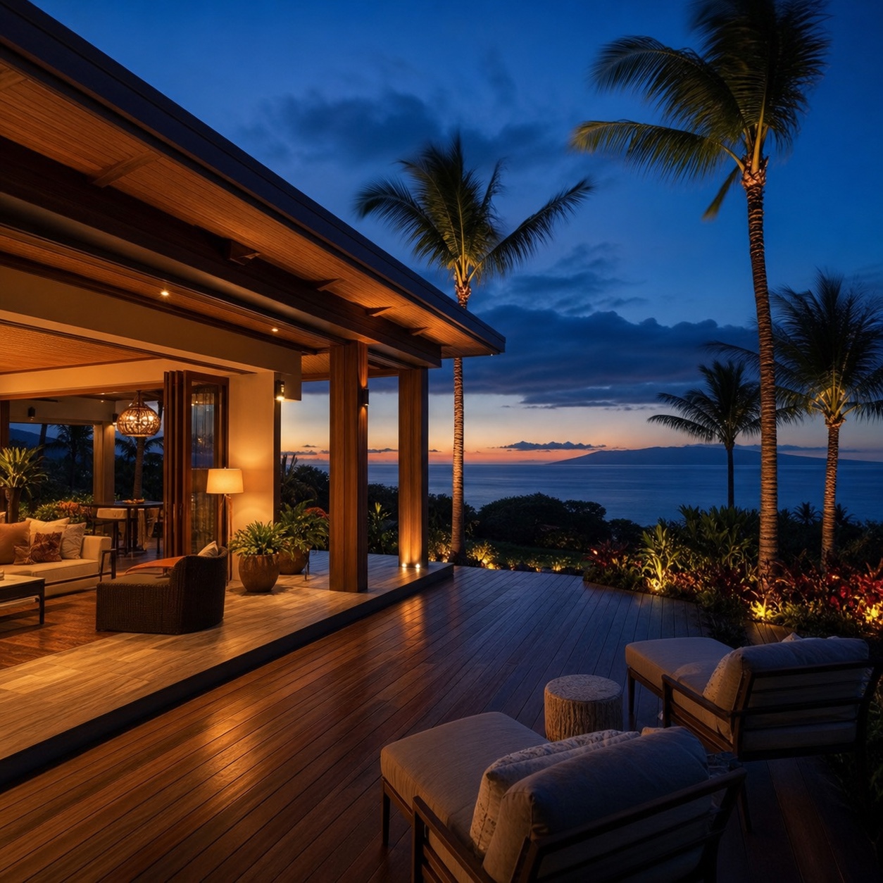 Evening exterior view of a warmly lit villa lanai with a distant ocean horizon