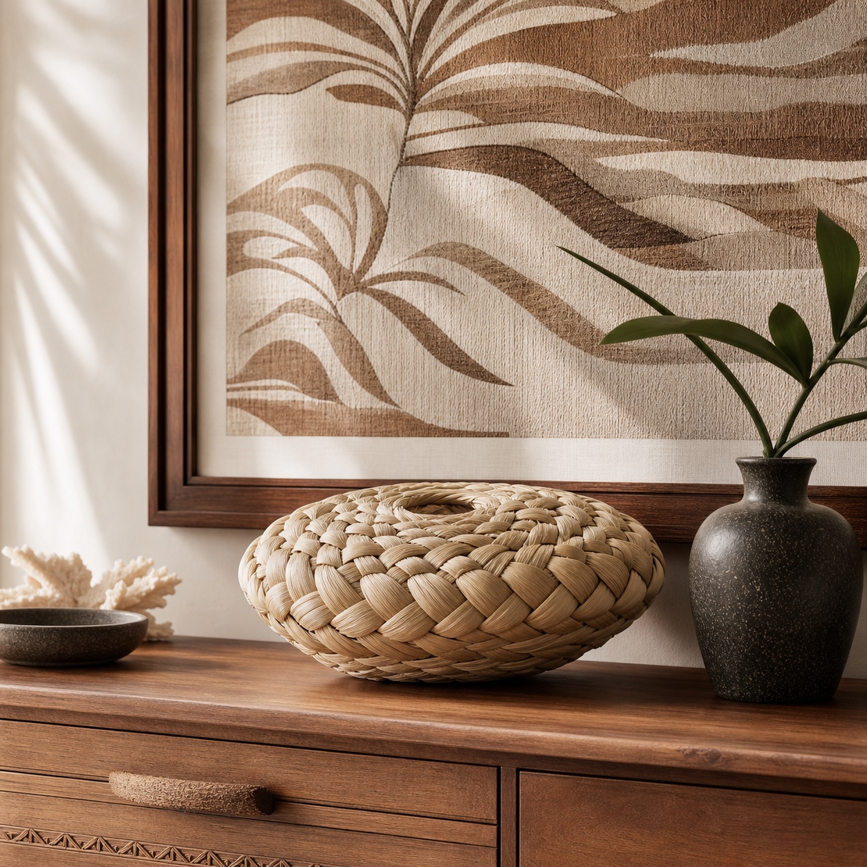 Framed Hawaiian artwork and woven lauhala accent styled on a natural wood console table