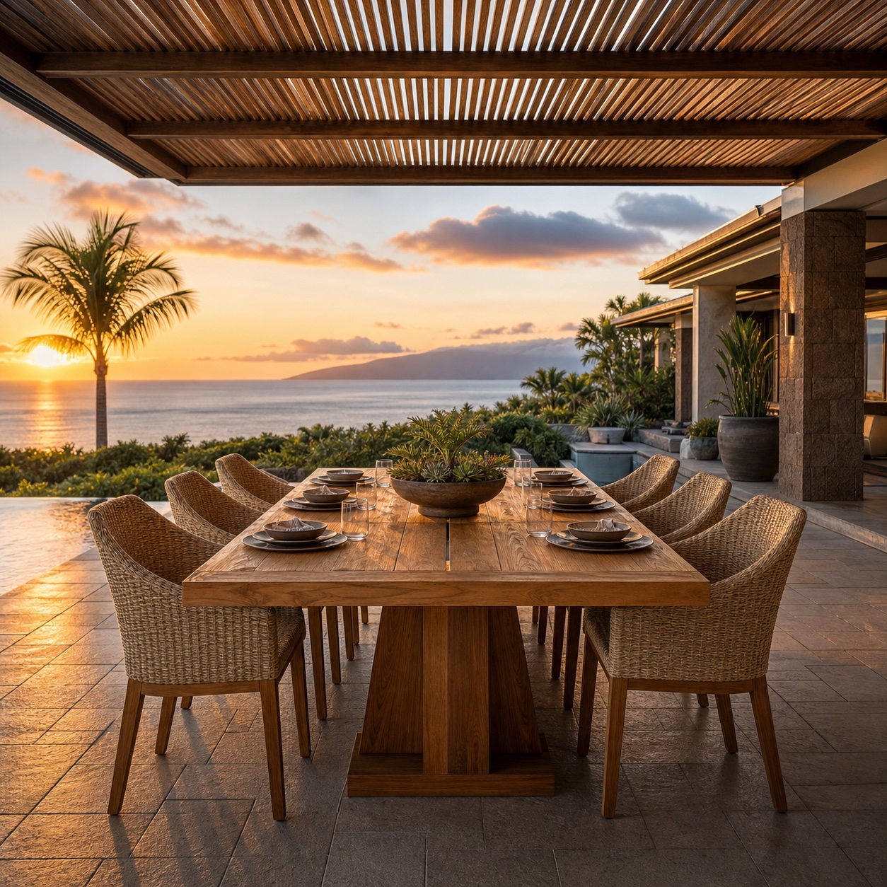 Luxury villa lanai with teak outdoor dining furniture and ocean views at golden hour