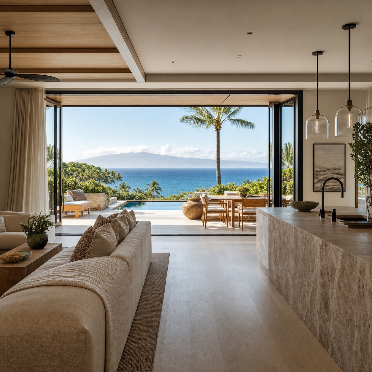 Open-plan villa living room with a clear sightline through glass doors to a plunge pool and ocean view