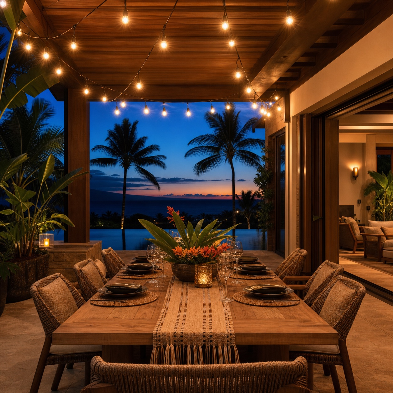 Villa lanai outdoor dining table under warm evening string lights at sunset