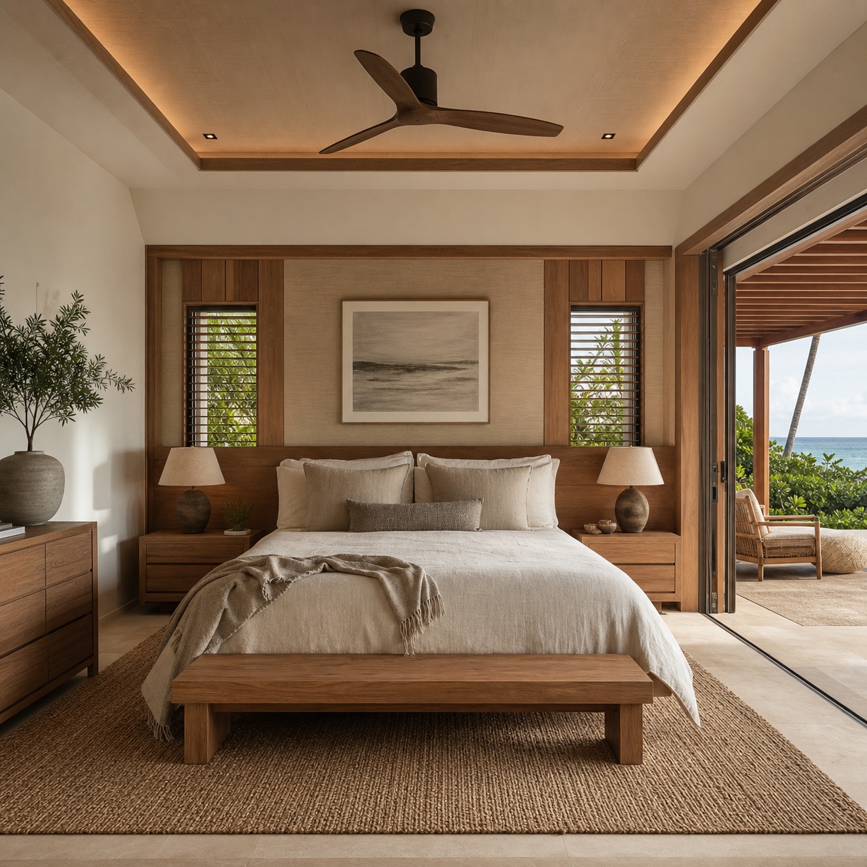 Primary bedroom with linen bedding, natural wood furniture, and open doors to a private lanai