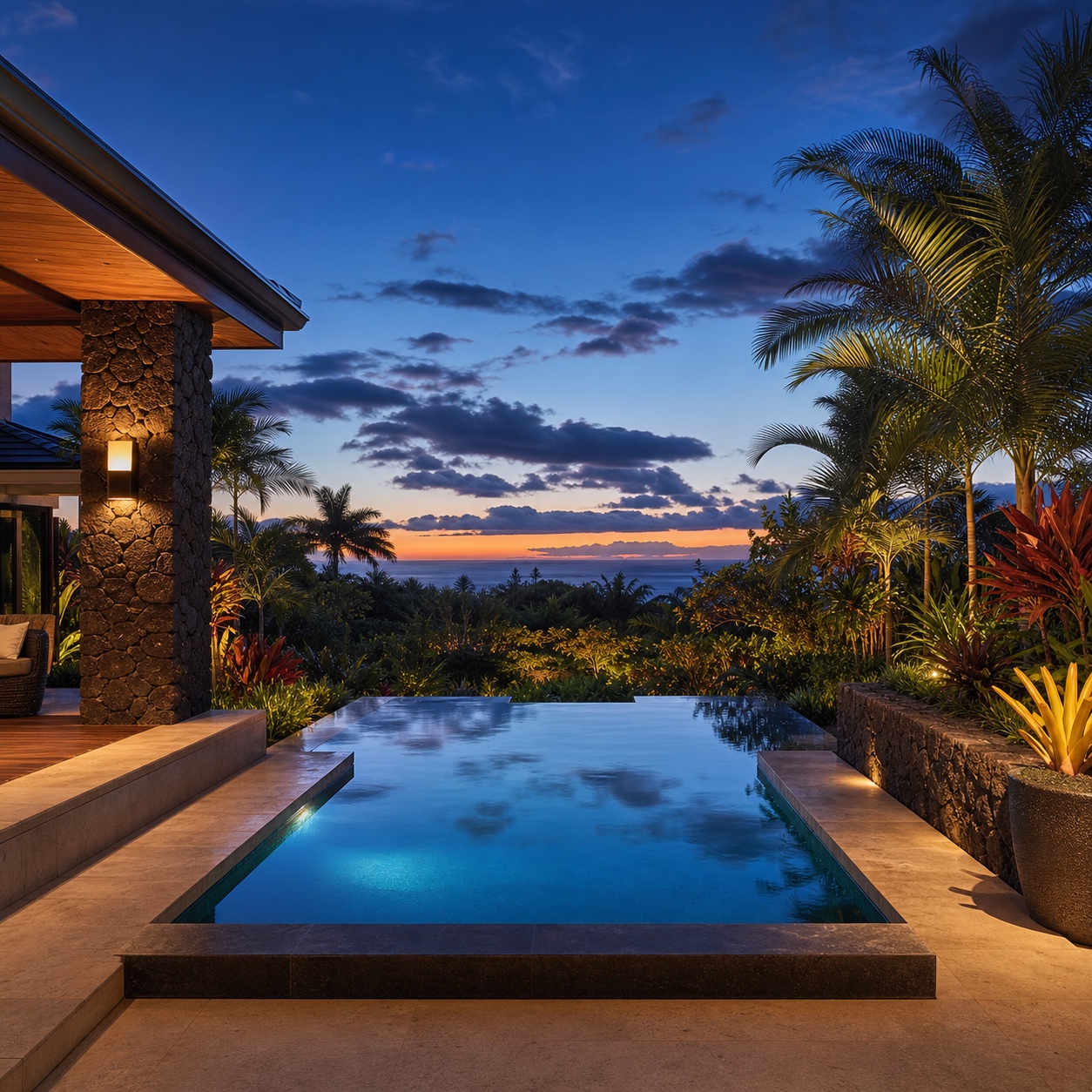 Private plunge pool with an infinity edge, tropical planting, and warm dusk lighting