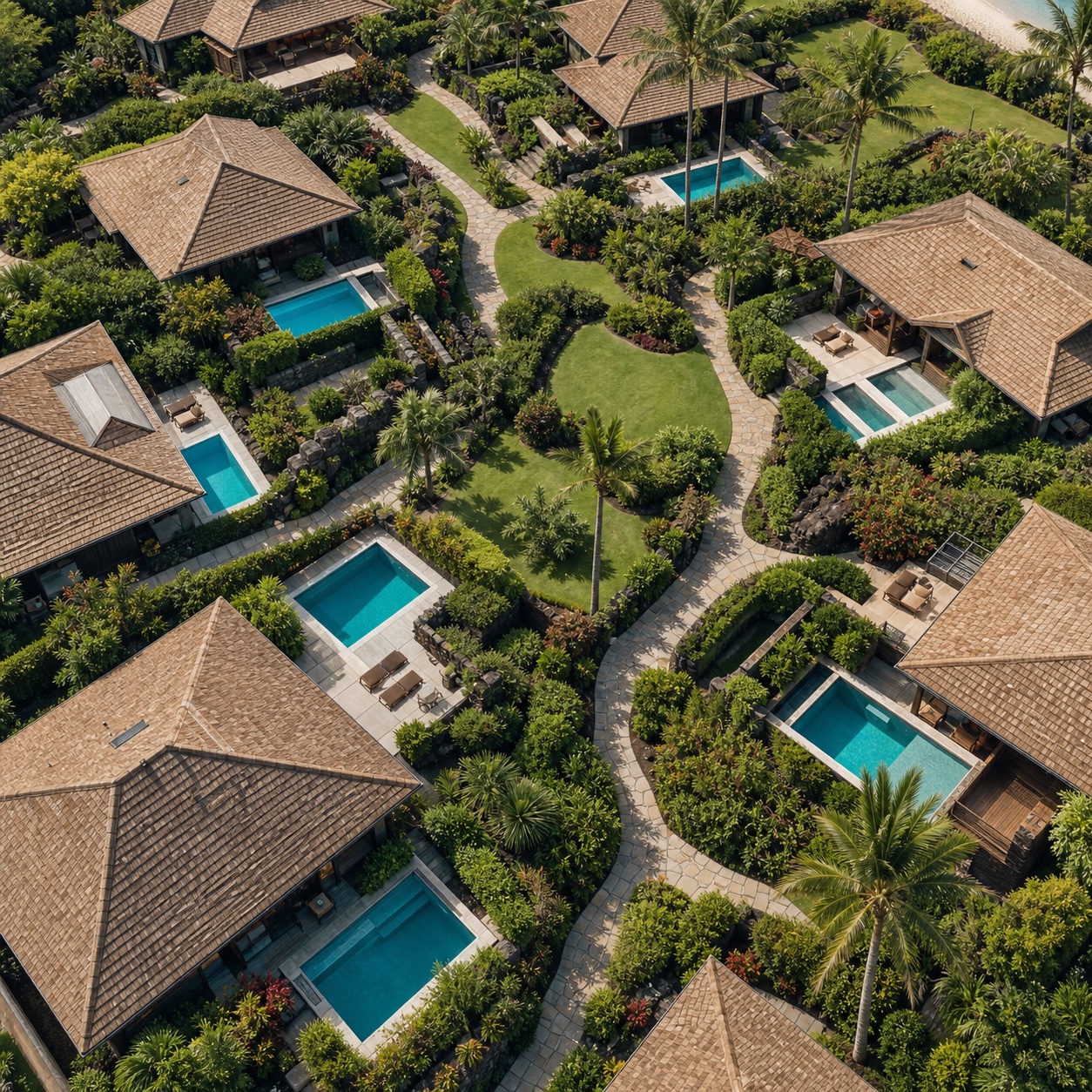 High-angle view of a resort villa community with private plunge pools, paths, and tropical grounds