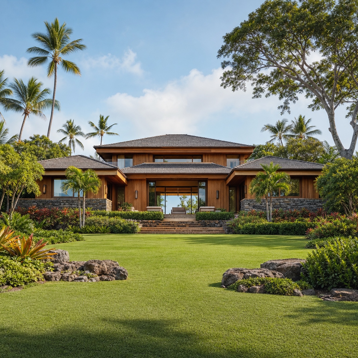 Luxury resort villa exterior with warm wood, stone facade, and manicured tropical landscaping
