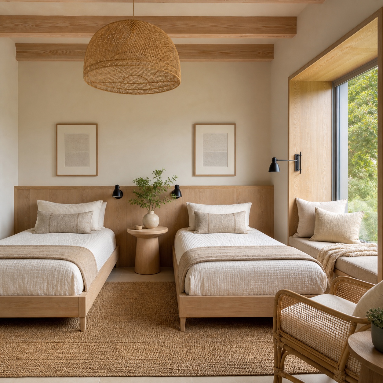 Secondary villa bedroom with twin daybeds, woven bedding, and a private reading nook