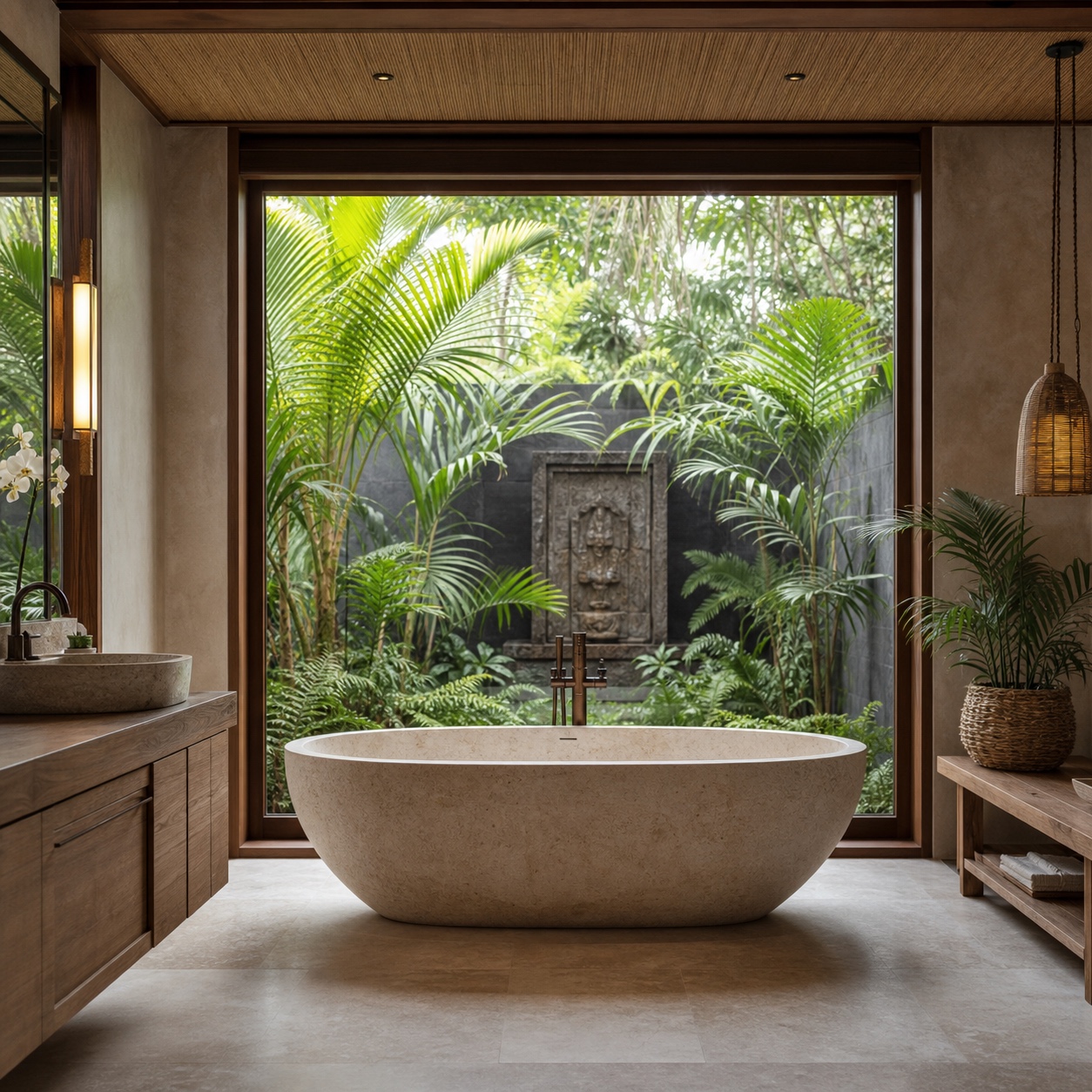 Villa bathroom with a freestanding stone soaking tub, wood vanity, and tropical garden view