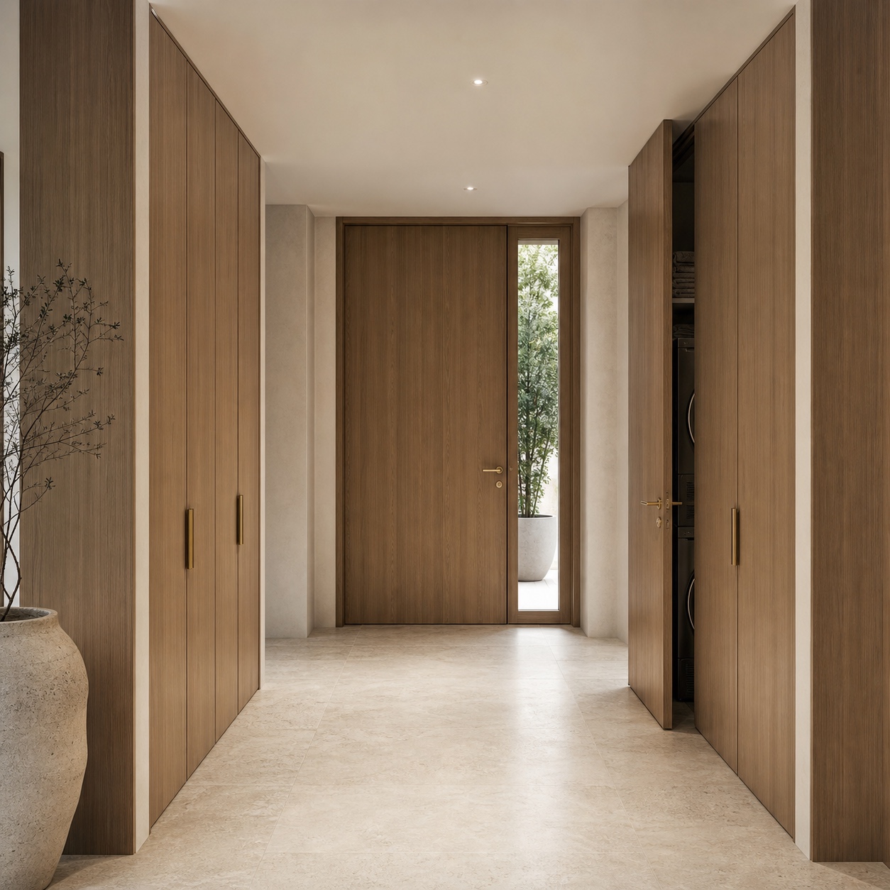Minimal villa entry hallway with built-in wood storage doors and honed stone flooring