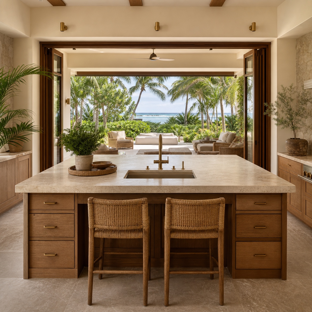 Warm wood villa kitchen with a stone island facing open lanai doors