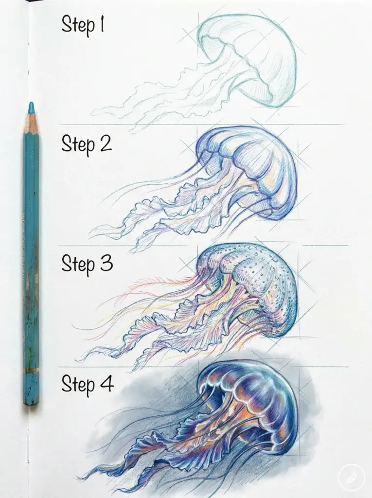 Jellyfish_drawing_tutorial_steps_202608061554 Step-by-step colored pencil jellyfish drawing tutorial from rough sketch to realistic rendering, pencil at left. | Sky Rye Design Step-by-step colored pencil jellyfish drawing tutorial from rough sketch to realistic rendering, pencil at left.