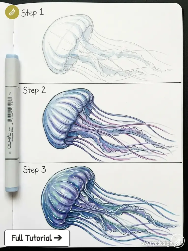 copic-tutorial-1786020828753 Jellyfish drawing tutorial in sketchbook showing three stages from pencil sketch to colored Copic marker illustration | Sky Rye Design Jellyfish drawing tutorial in sketchbook showing three stages from pencil sketch to colored Copic marker illustration