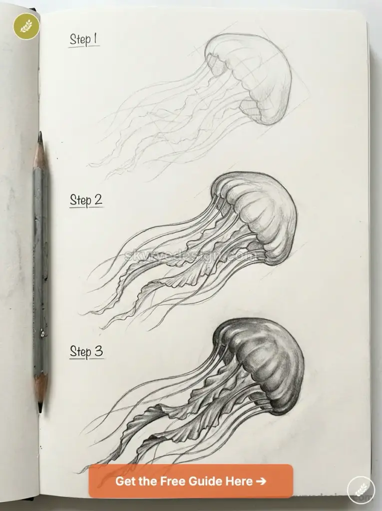 tutorial-jellyfish 2 Three-step pencil jellyfish drawing tutorial on a sketchbook page with graphite pencil and graduated shading | Sky Rye Design Three-step pencil jellyfish drawing tutorial on a sketchbook page with graphite pencil and graduated shading