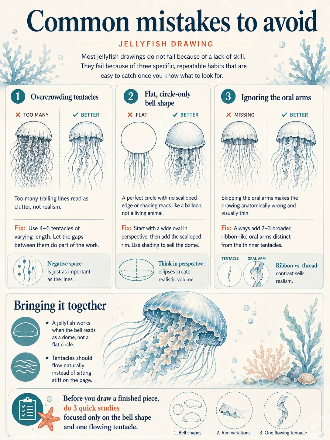 850c76bd-989c-496b-9106-113c6ad81522 Infographic: jellyfish drawing tips — avoid overcrowded tentacles, flat bell, missing oral arms with fixes. | Sky Rye Design Infographic: jellyfish drawing tips — avoid overcrowded tentacles, flat bell, missing oral arms with fixes.