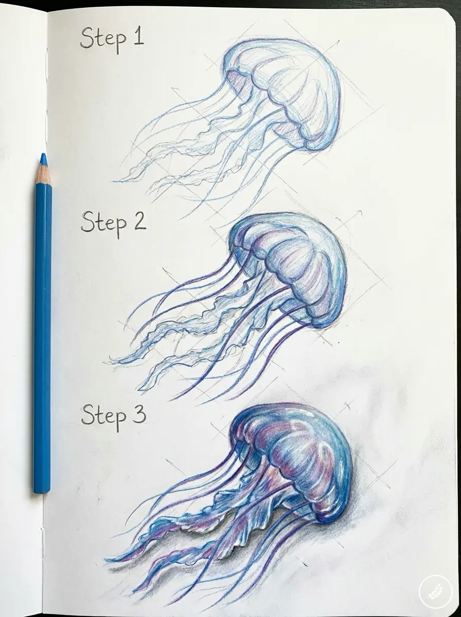 Jellyfish_drawing_tutorial_steps_202608061544 Step-by-step colored-pencil jellyfish drawing: three stages from rough sketch to refined, shaded illustration. | Sky Rye Design Step-by-step colored-pencil jellyfish drawing: three stages from rough sketch to refined, shaded illustration.