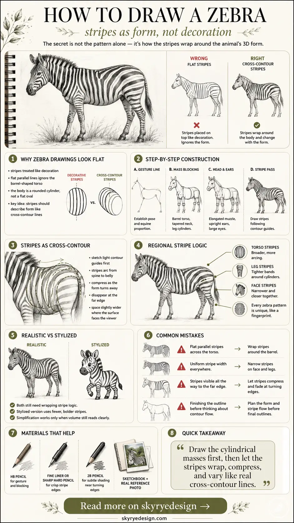 How to draw a zebra infographic: cross-contour stripe tutorial with step-by-step construction, tips and common mistakes