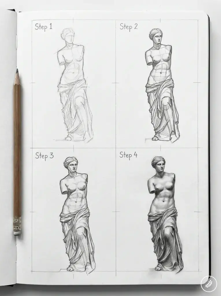 Four-step pencil sketch tutorial of a classical female statue in a sketchbook, pencil at left