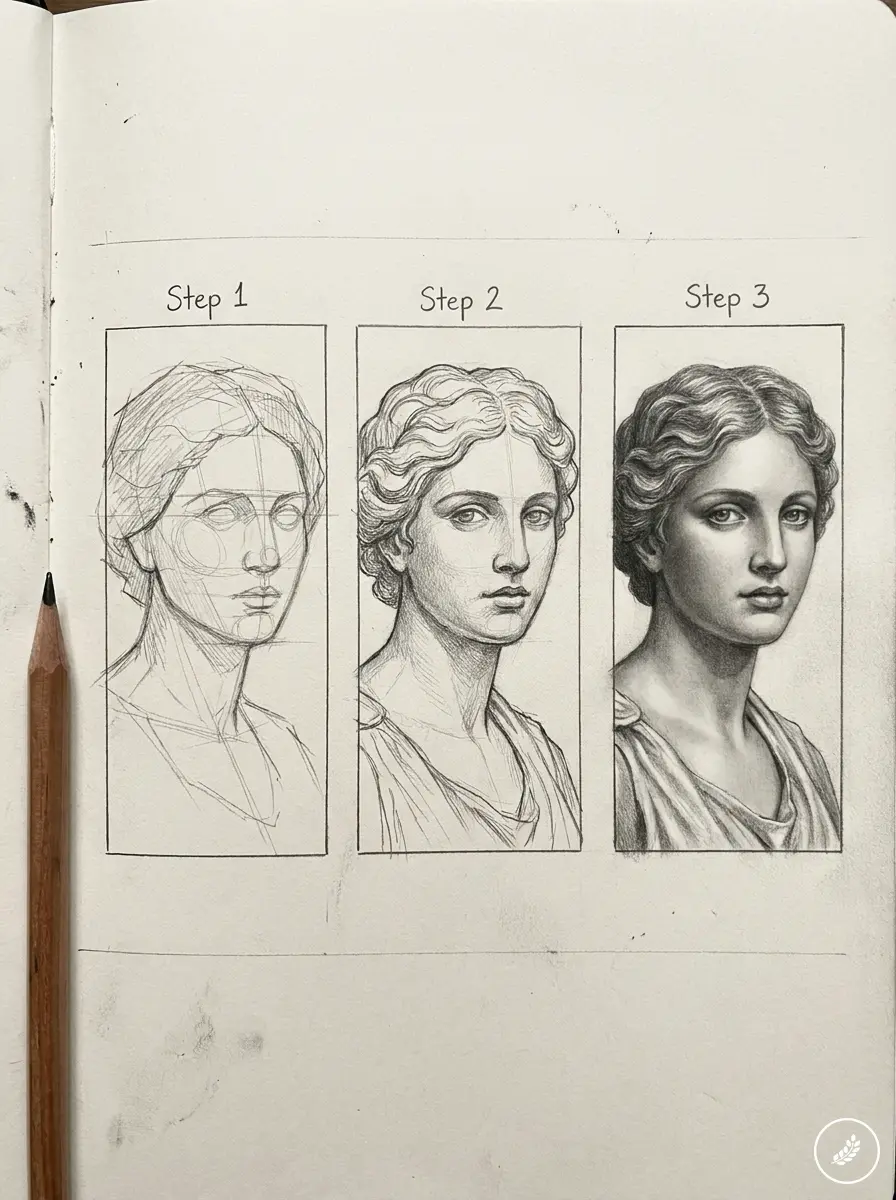 Step-by-step pencil portrait tutorial showing progression from rough sketch to refined classical female bust, pencil beside the three sketches.