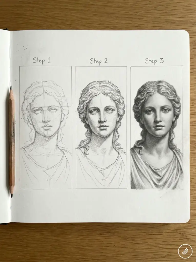 Step by step pencil portrait of a classical female bust in a sketchbook showing three stages from outline to finished shading