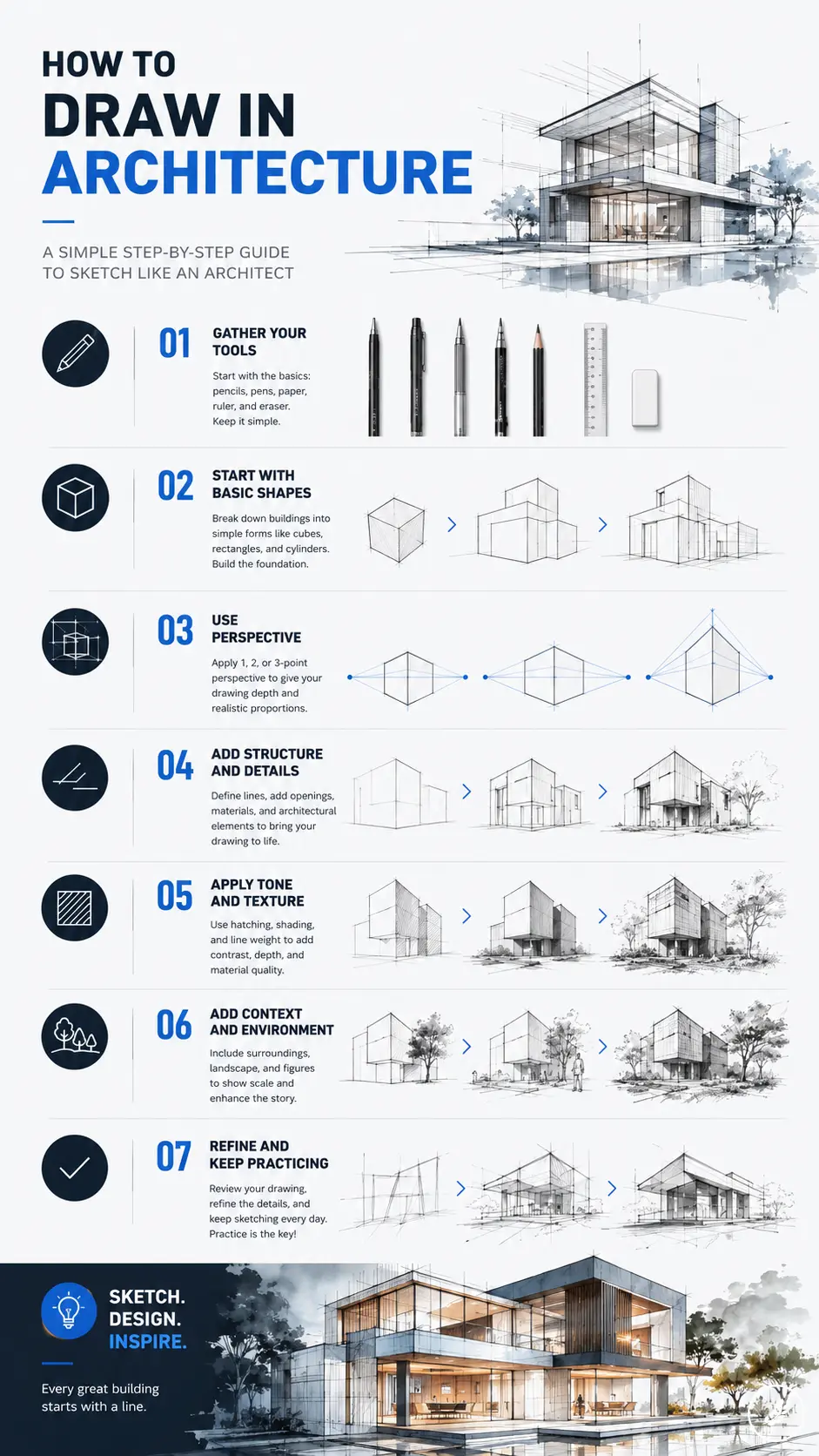 Infographic titled 'How to Draw in Architecture' showing 7 steps to sketch like an architect with tools and step-by-step diagrams.