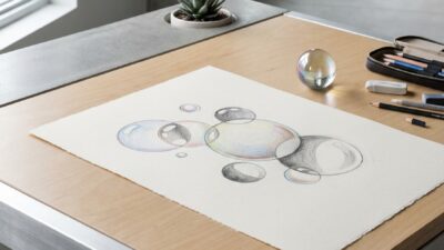 Colored-pencil bubble study in progress on a modern studio desk beside a glass marble reference.
