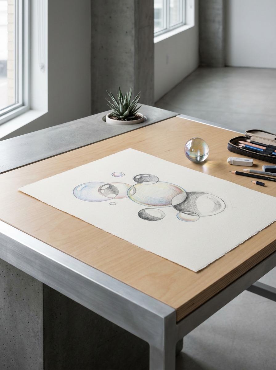 Colored-pencil bubble study in progress on a modern studio desk beside a glass marble reference.