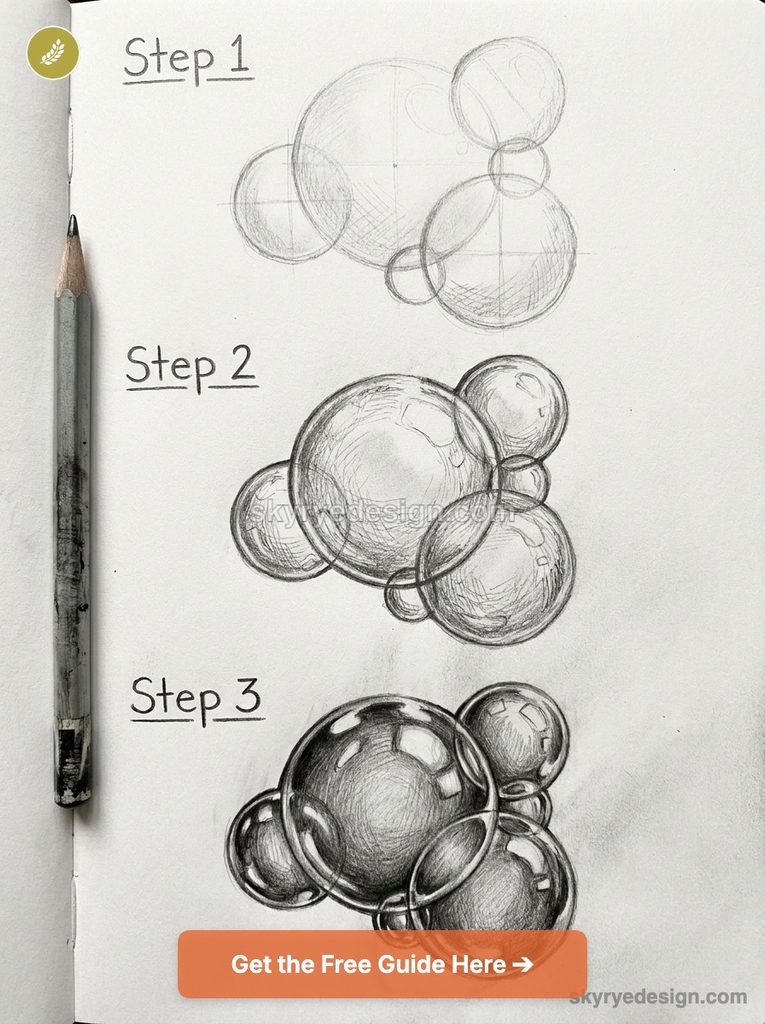 Three-step pencil drawing showing bubble cluster construction: Step 1 rough spheres, Step 2 refined overlapping spheres, Step 3 fully shaded glossy bubbles.