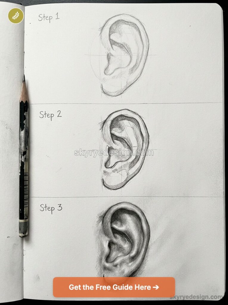 tutorial-ears Ear drawing tutorial: three-step graphite pencil sketch progression in a sketchbook, step 1 to 3. | Sky Rye Design Ear drawing tutorial: three-step graphite pencil sketch progression in a sketchbook, step 1 to 3.