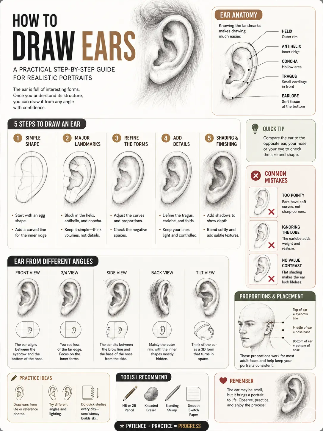 312a48c0-2e55-44df-9d80-60acc92076fd How to Draw Ears infographic - step-by-step ear drawing tutorial with anatomy, angles, shading tips, and common mistakes. | Sky Rye Design How to Draw Ears infographic - step-by-step ear drawing tutorial with anatomy, angles, shading tips, and common mistakes.