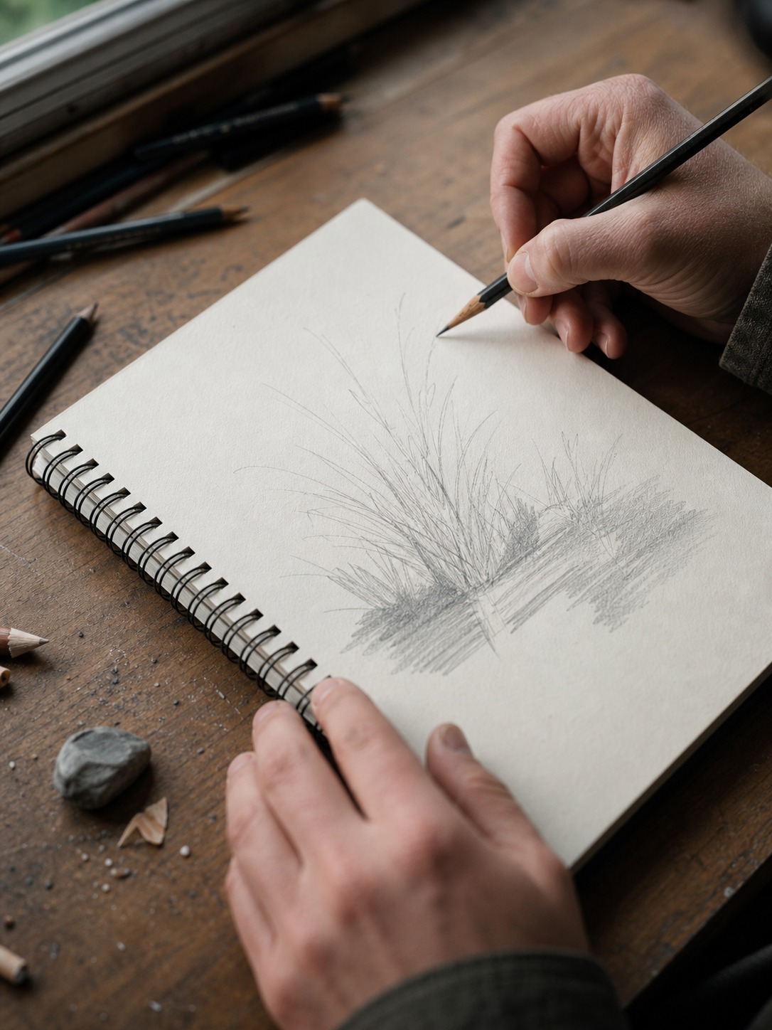 Mass-first grass sketchbook hero Close-up of a hand sketching tall grasses in a spiral-bound notebook on a wooden desk, with pencils and a small rock nearby. | Sky Rye Design Hands sketching a rough mass-first grass patch in pencil on textured sketchbook paper.