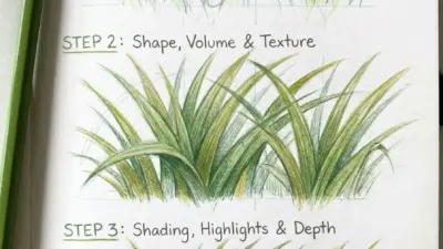 Step-by-step colored pencil grass drawing tutorial: outline, shape/volume & texture, then final shading, highlights and depth.