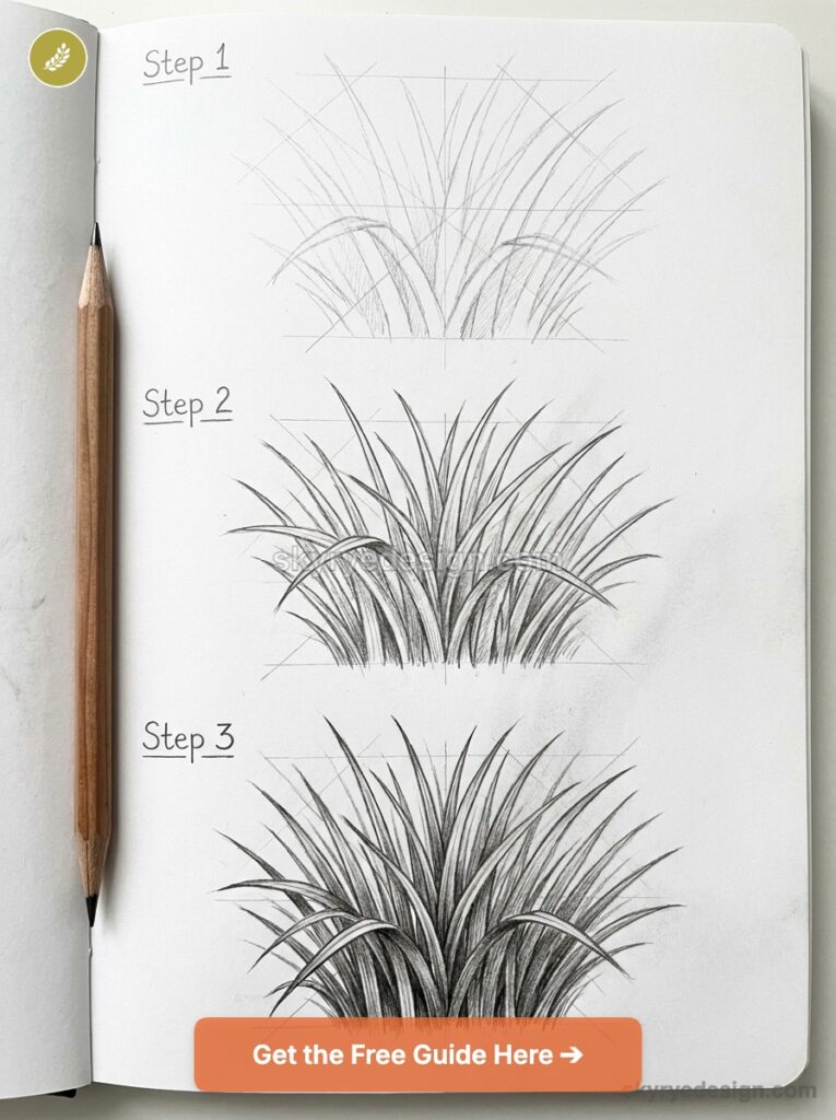 tutorial-grass Sketchbook step-by-step pencil tutorial showing three stages of drawing ornamental grass, pencil at left and orange CTA button | Sky Rye Design Sketchbook step-by-step pencil tutorial showing three stages of drawing ornamental grass, pencil at left and orange CTA button