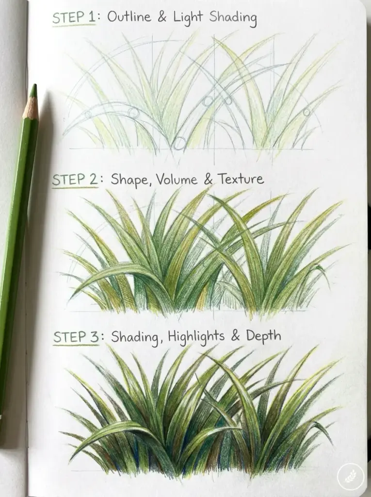 Colored_pencils_drawing_grass_tu_202608051358 Step-by-step colored pencil grass drawing tutorial: outline, shape/volume & texture, then final shading, highlights and depth. | Sky Rye Design Step-by-step colored pencil grass drawing tutorial: outline, shape/volume & texture, then final shading, highlights and depth.