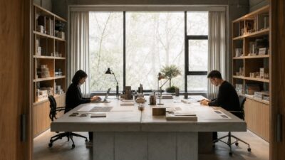 Hybrid creative studio with designers working across a long concrete desk.