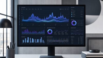 A modern design studio workstation with a network performance dashboard on the monitor.
