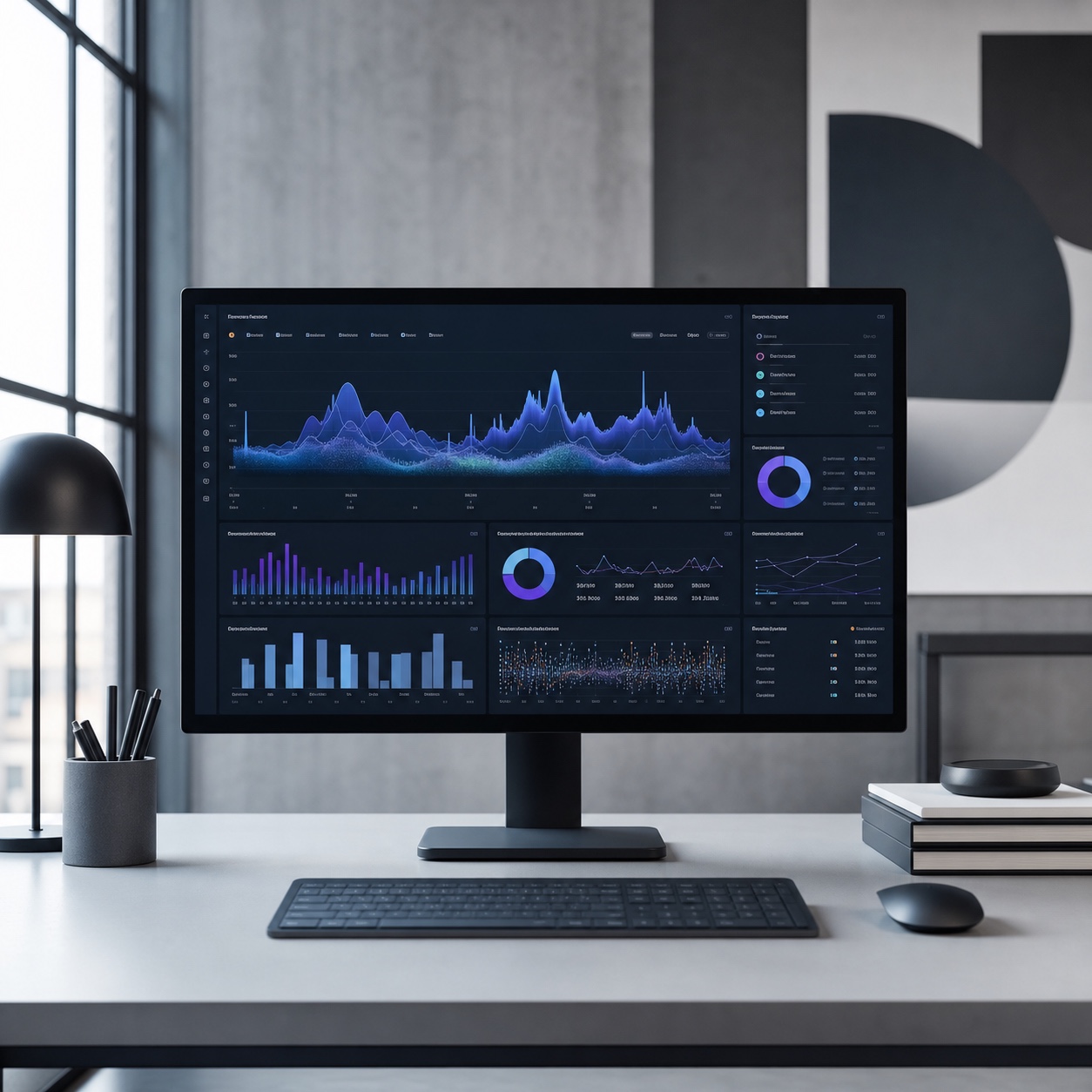 Hybrid design studio network dashboard A modern design studio workstation with a network performance dashboard on the monitor. | Sky Rye Design A modern design studio workstation with a network performance dashboard on the monitor.