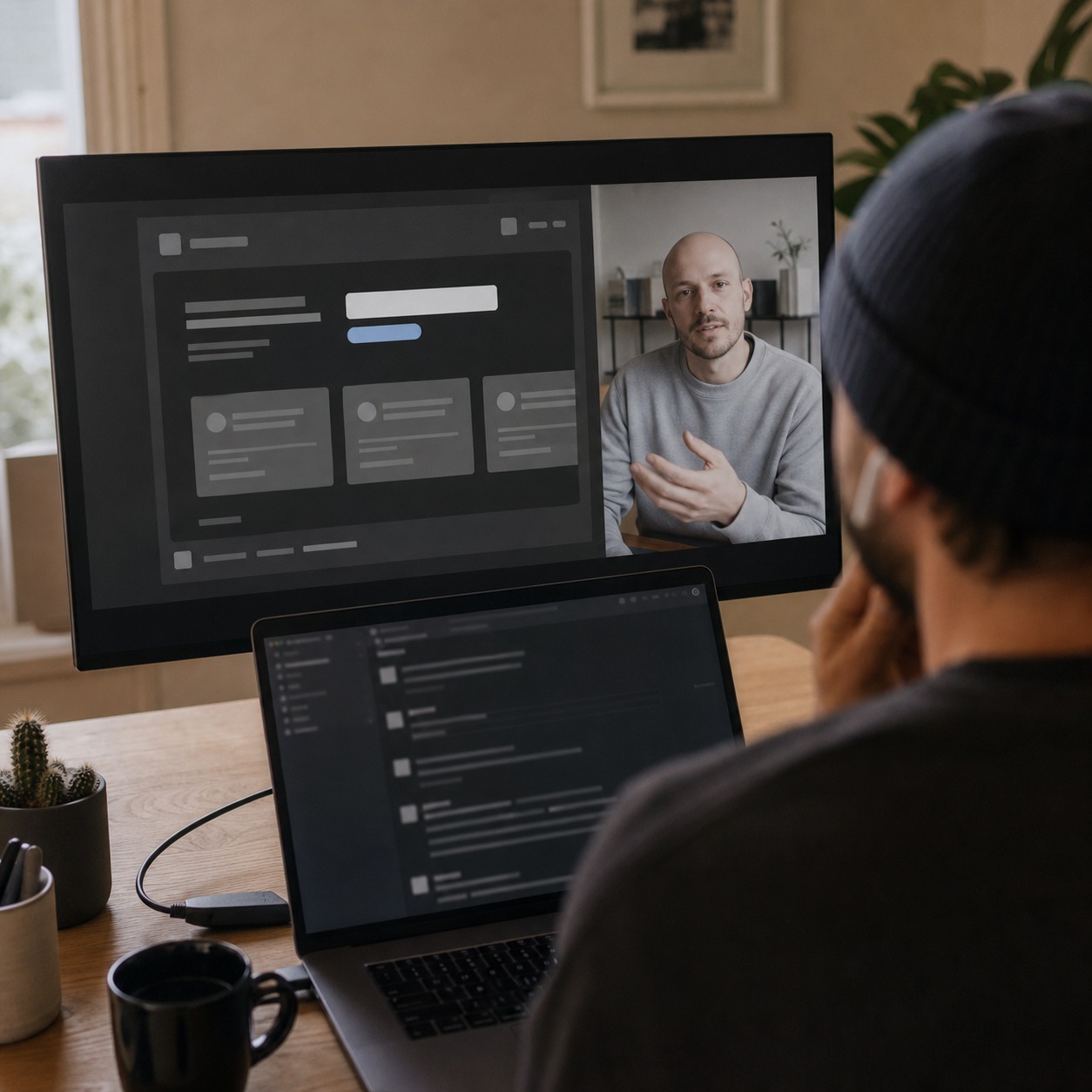 Designer on a video call with a remote collaborator while reviewing an abstract client screen.