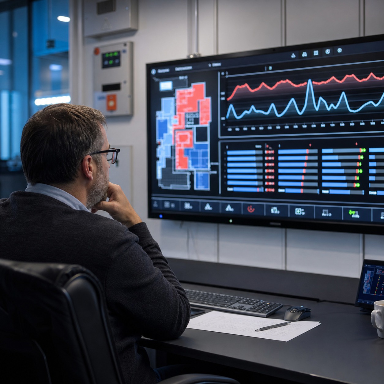 Operator reviewing hydronic balancing data in a building control room Operator reviewing hydronic balancing data in a building control room | Sky Rye Design Operator reviewing hydronic balancing data in a building control room