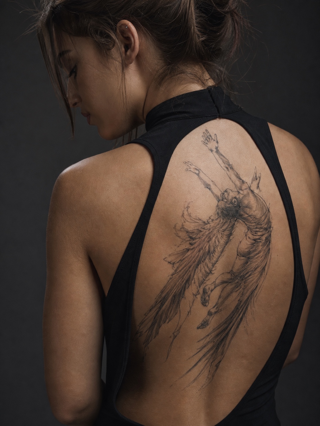 Icarus mid-fall back tattoo Icarus tattoo on the upper back with trailing wings and a falling pose. | Sky Rye Design Icarus tattoo on the upper back with trailing wings and a falling pose.